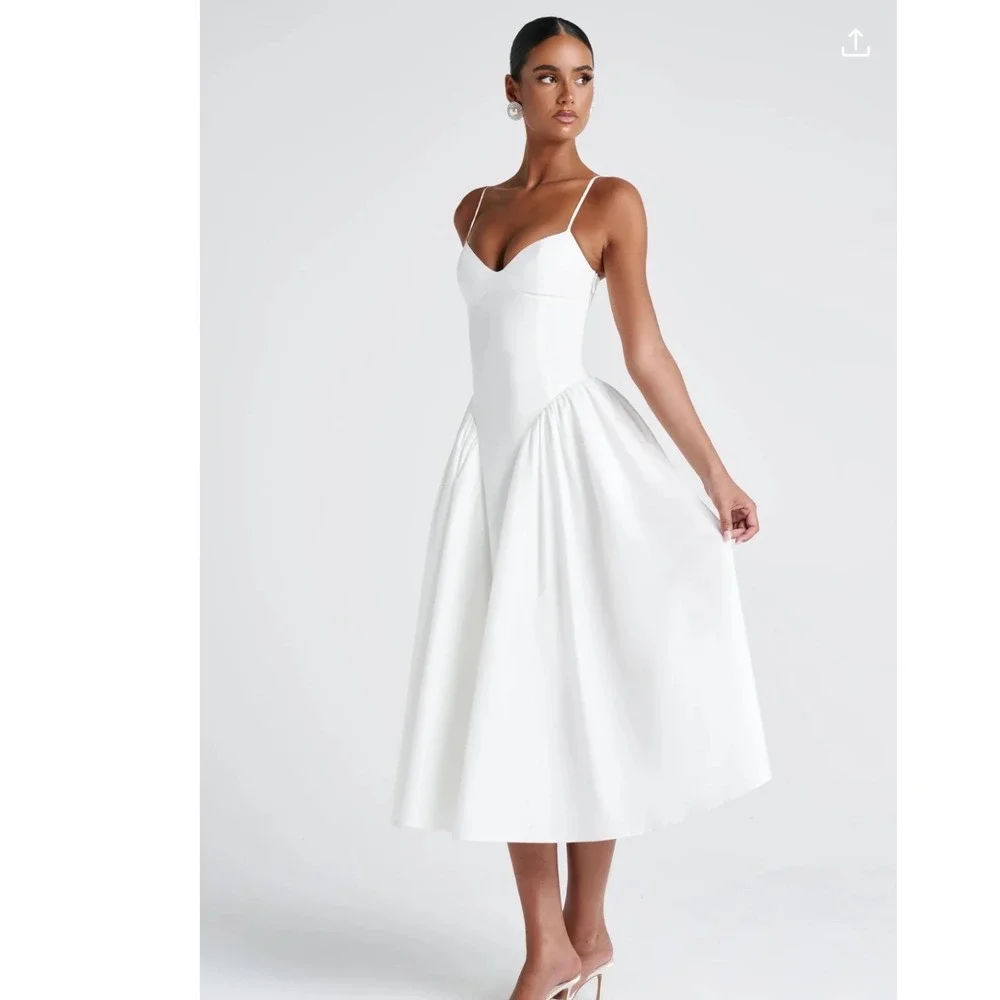 Babyboo Fashion White Corset Lace Up Back Midi Dress XS Pleated Full Skirt Sweet